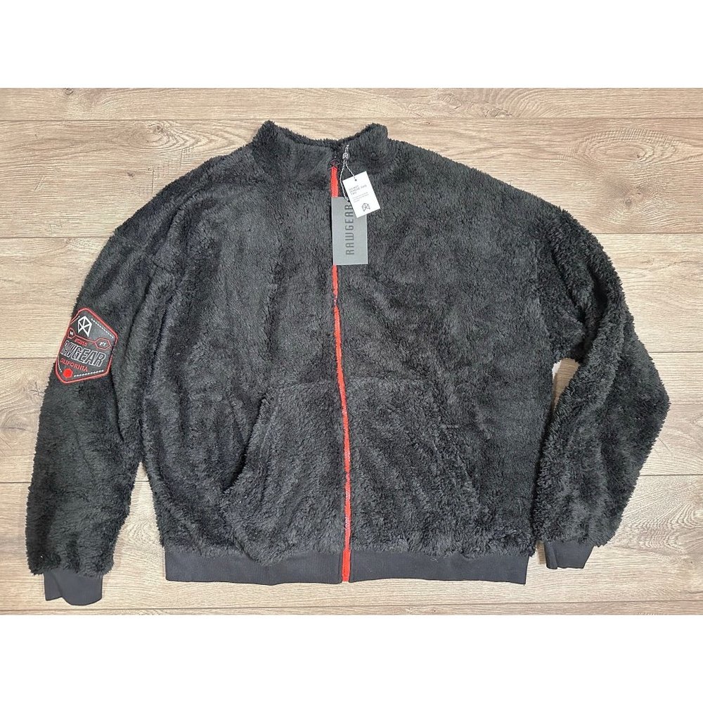 RAW GEAR New UNISEX Black Fleece Sherpa Embroidered Jacket Large